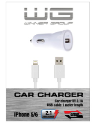 Ilustracja produktu WG Ładowarka samochodowa colour USB (2,1A) + kabel iPhone 5/6 biała