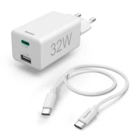 Ilustracja produktu Hama Ładowarka Sieciowa Mini32W, PD/QC (1X USB-C, 1X USB-A) + Kabel Biała