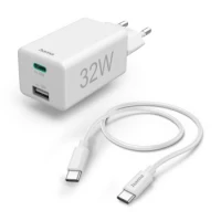 Ilustracja Hama Ładowarka Sieciowa Mini32W, PD/QC (1X USB-C, 1X USB-A) + Kabel Biała