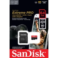 Ilustracja produktu SanDisk Extreme PRO Karta Pamięci microSDXC 64GB+SD Adapter R200/W90 A2 C10 V30 UHS-I U3