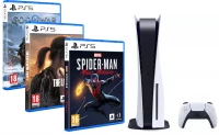 Ilustracja Konsola Sony PlayStation 5 + GoW Ragnarok + Marvels Spider Man Miles Morales + The Last Of Us Part I