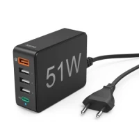 Ilustracja produktu Hama Ładowarka Sieciowa 51W 5-gniazda (1x PD USB-C,1 XQC30 3x USB-A Czarna