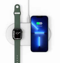 Ilustracja Adam Elements Omnia Q2 - bezprzewodowa stacja ładująca do 2 urządzeń z uchwytem do Apple Watch (biała)